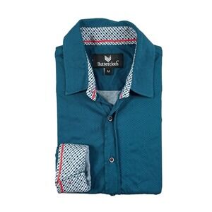Buttercloth Blue Geometric Cotton Mens Contrast Flip Cuff Button Up Shirt Size M